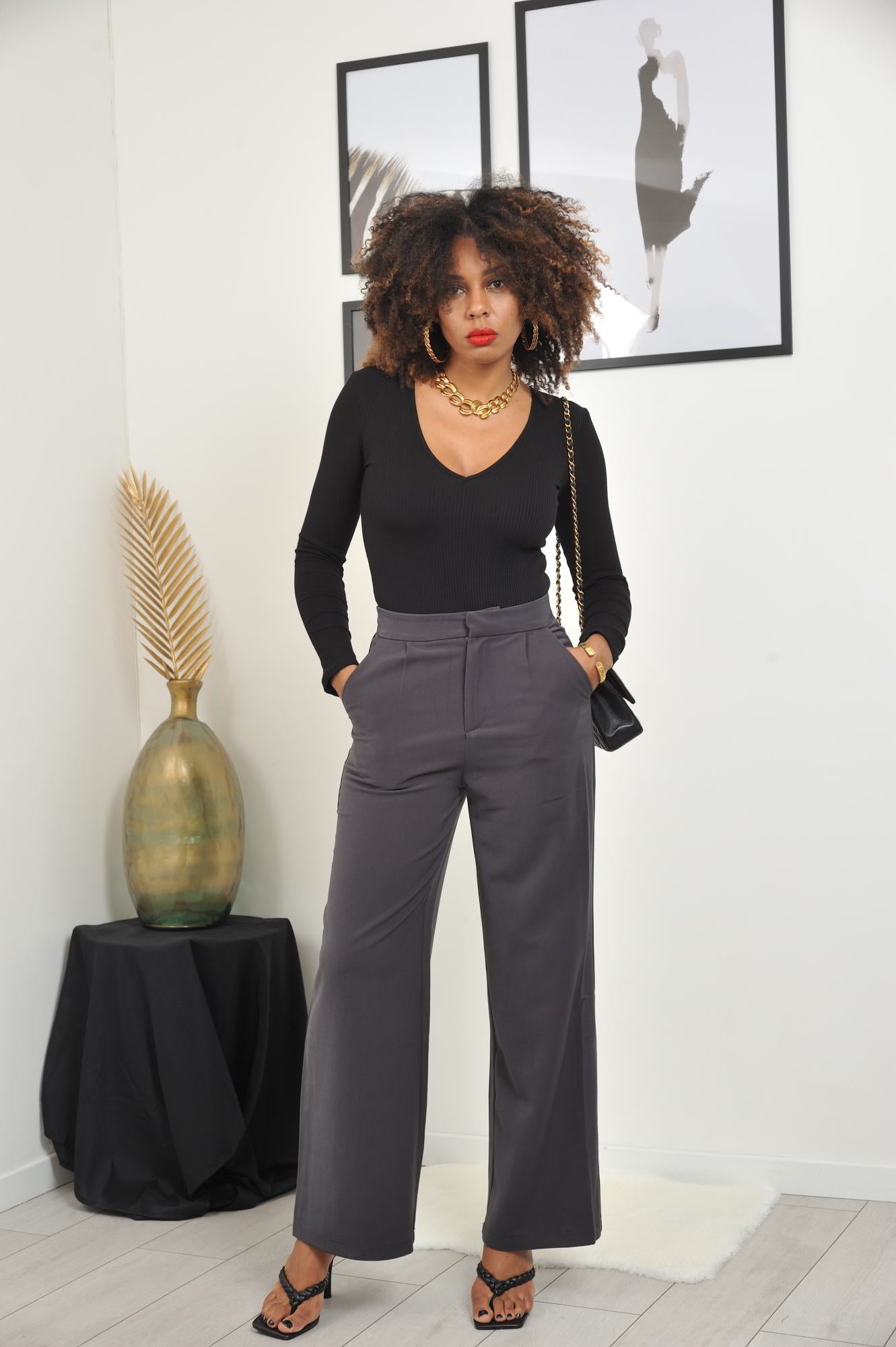 CORAL Pantalon droit jambes larges gris