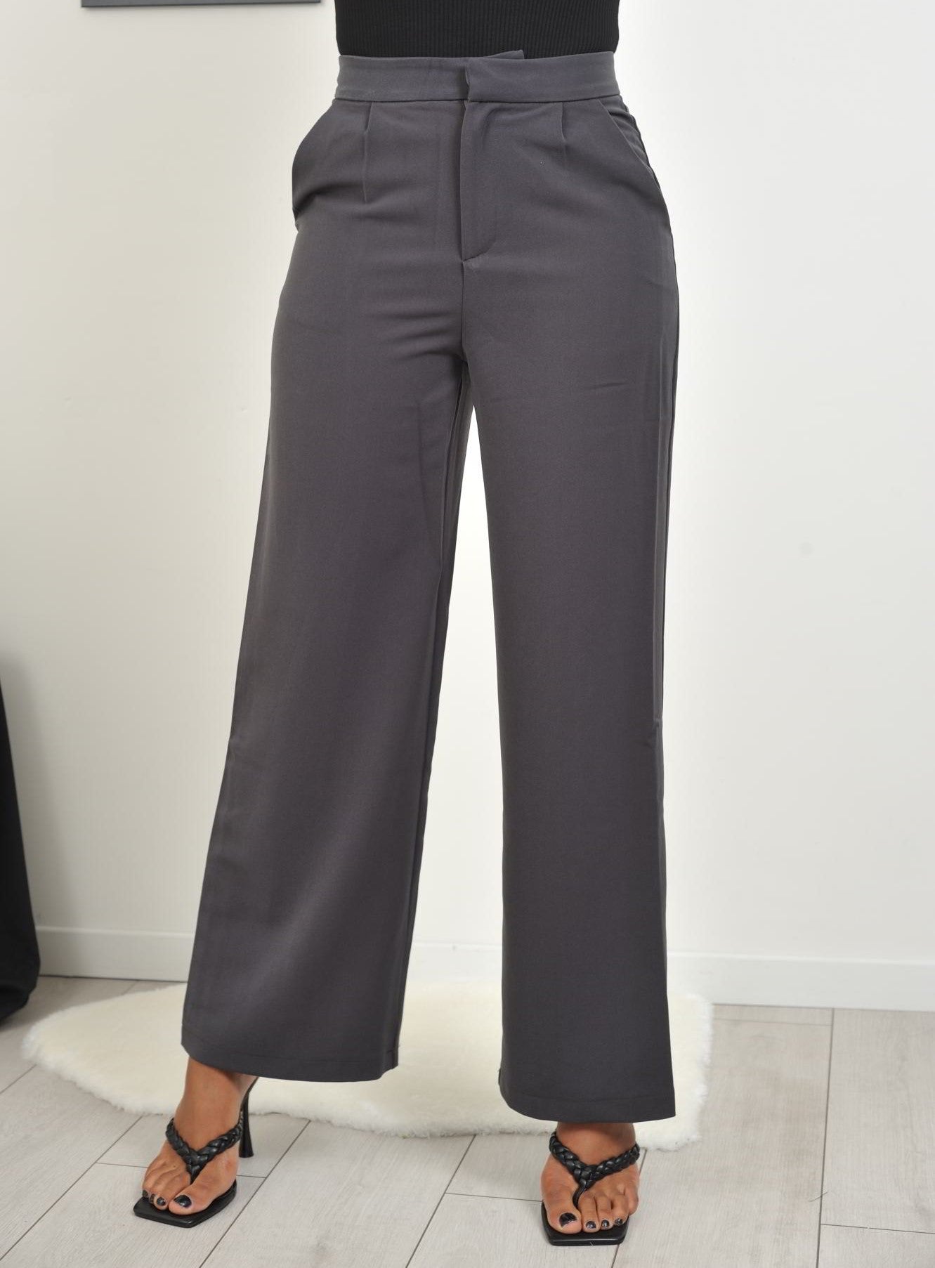 CORAL Pantalon droit jambes larges gris